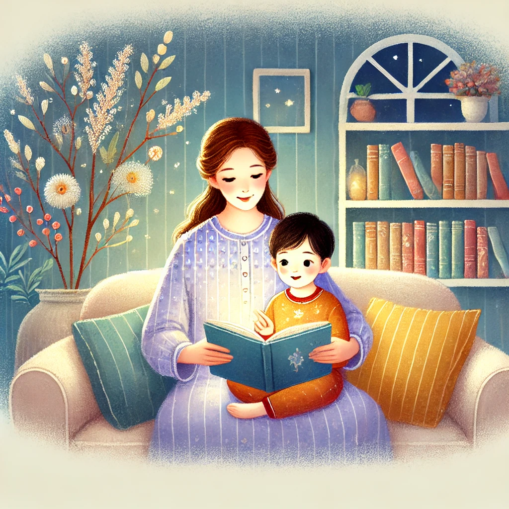 親子がソファで寄り添いながら絵本を読んでいる温かい雰囲気のイラスト。